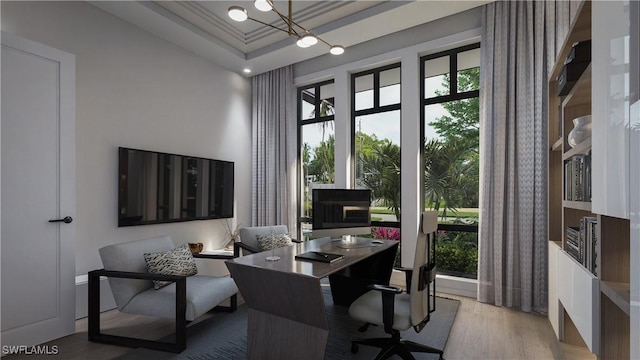 office featuring a healthy amount of sunlight, crown molding, a tray ceiling, and wood finished floors