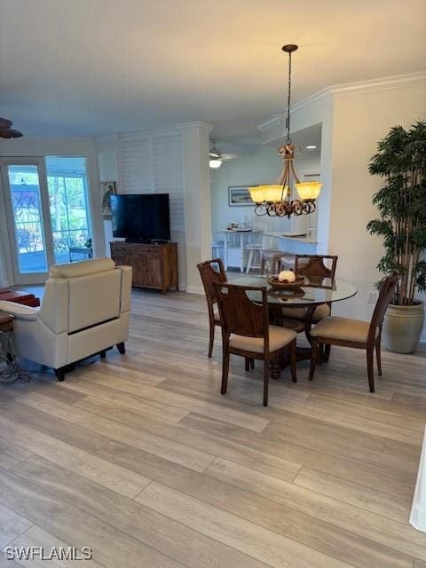 dining space featuring light wood-style floors, crown molding, and ceiling fan with notable chandelier