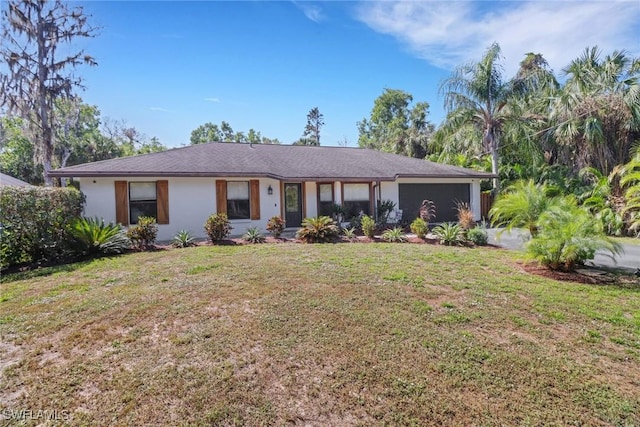 single story home featuring a front yard and stucco siding