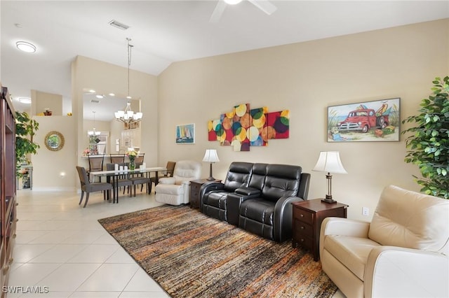 living room with baseboards, visible vents, ceiling fan with notable chandelier, high vaulted ceiling, and light tile patterned floors
