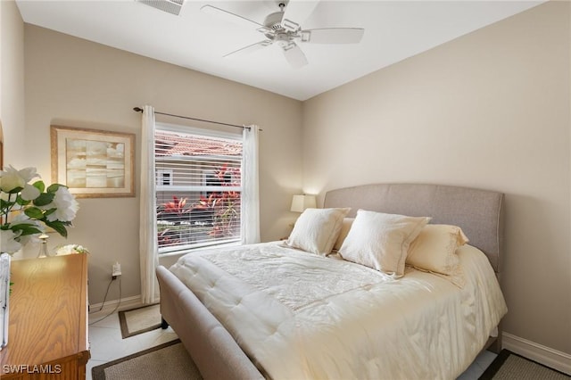 bedroom with ceiling fan, visible vents, and baseboards