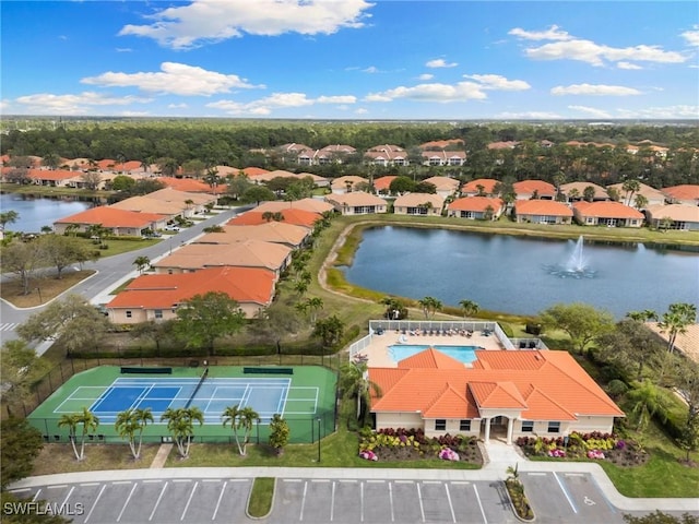 aerial view with a water view and a residential view