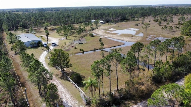 birds eye view of property with a water view, a forest view, and a rural view