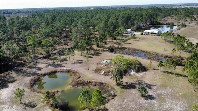 birds eye view of property with a water view and a view of trees