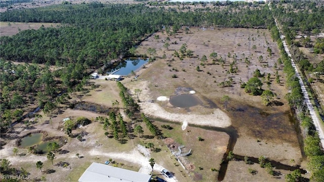 birds eye view of property featuring a water view and a view of trees