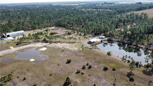 drone / aerial view featuring a forest view