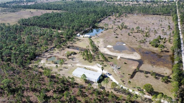 aerial view with a water view and a forest view