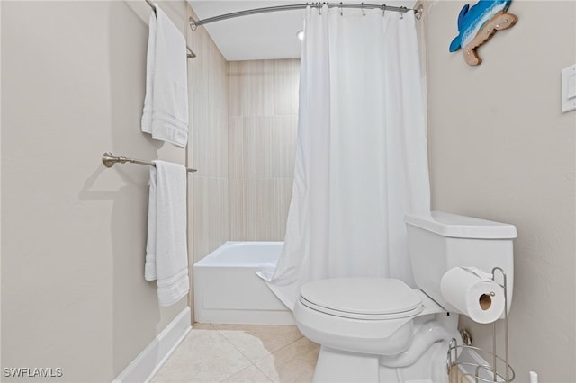 full bath featuring shower / bath combination with curtain, tile patterned flooring, and toilet