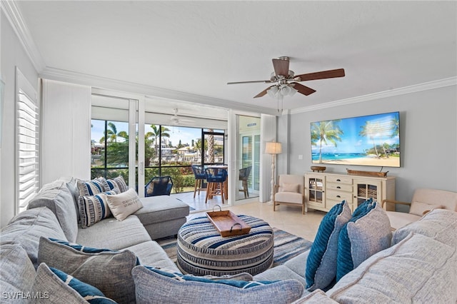 tiled living room featuring ceiling fan and ornamental molding