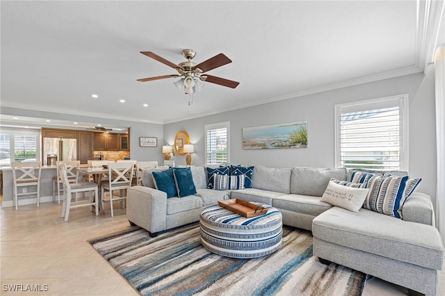 living room featuring light tile patterned floors, recessed lighting, a ceiling fan, and crown molding