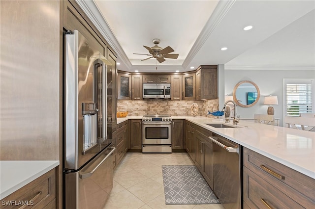 kitchen with a sink, appliances with stainless steel finishes, a tray ceiling, tasteful backsplash, and crown molding