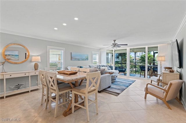 dining room with a ceiling fan, recessed lighting, light tile patterned flooring, and crown molding