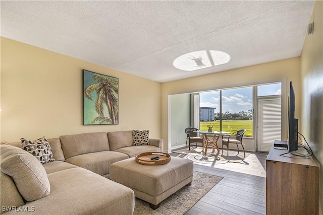 living area featuring a textured ceiling, wood finished floors, and baseboards