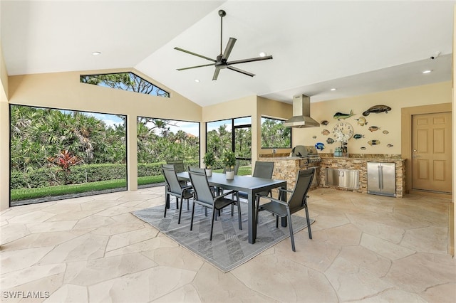 3311 Creekview Dr, Bonita Springs, FL 34134 - dining space featuring ceiling fan, recessed lighting, stone tile floors, and high vaulted ceiling