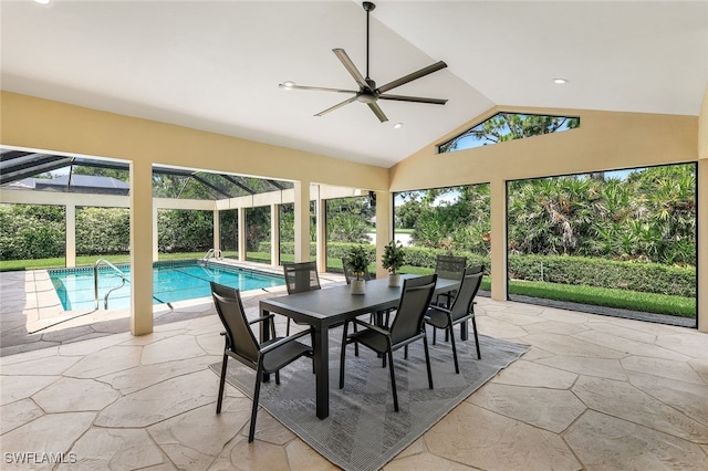 3311 Creekview Dr, Bonita Springs, FL 34134 - sunroom featuring a swimming pool, lofted ceiling, and healthy amount of natural light