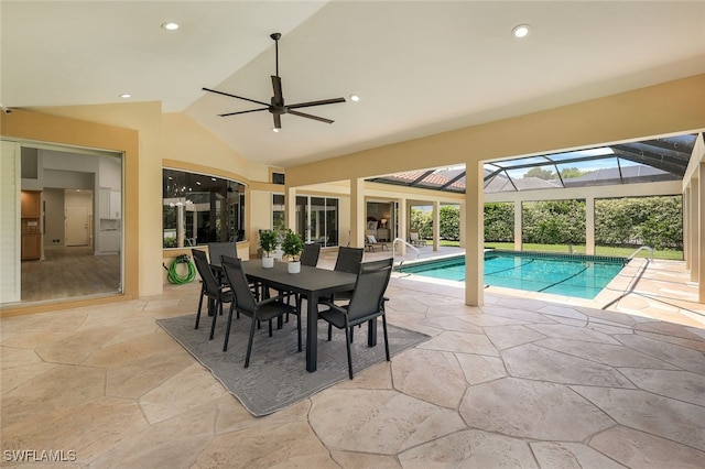 3311 Creekview Dr, Bonita Springs, FL 34134 - outdoor pool featuring a patio area, a lanai, outdoor dining area, and ceiling fan