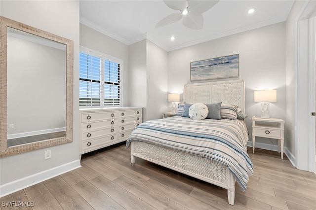 bedroom with baseboards, ornamental molding, recessed lighting, wood finished floors, and a ceiling fan