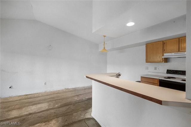 kitchen featuring under cabinet range hood, range with electric cooktop, light countertops, brown cabinetry, and decorative light fixtures