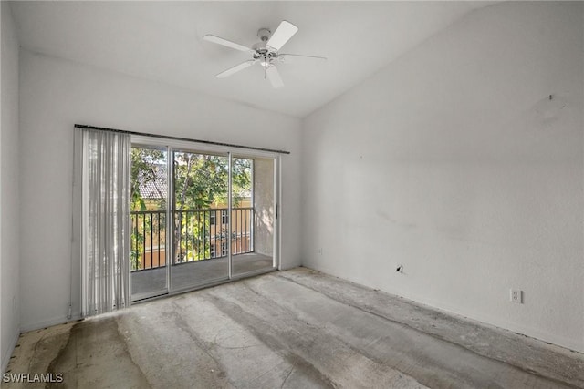 unfurnished room with a ceiling fan and vaulted ceiling