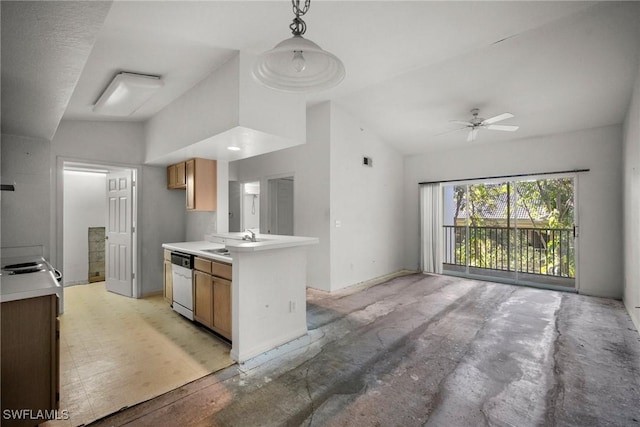 kitchen featuring a sink, vaulted ceiling, light countertops, open floor plan, and dishwasher