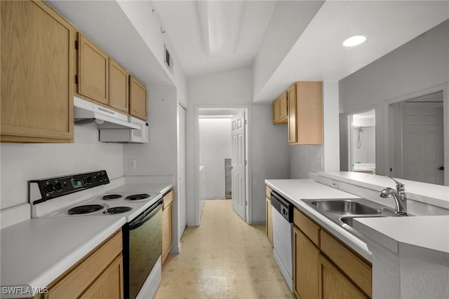 kitchen featuring under cabinet range hood, range with electric stovetop, a sink, visible vents, and dishwasher