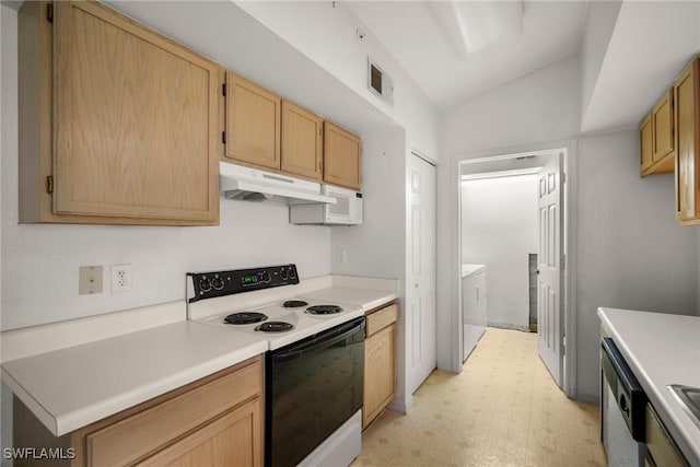 kitchen featuring washer and clothes dryer, light floors, visible vents, electric range, and under cabinet range hood