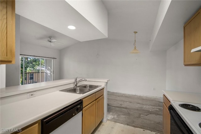 kitchen with ceiling fan, white dishwasher, a sink, light wood-style floors, and light countertops