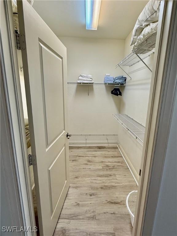 walk in closet with light wood finished floors