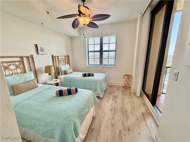 bedroom featuring light wood-style floors, ceiling fan, and baseboards