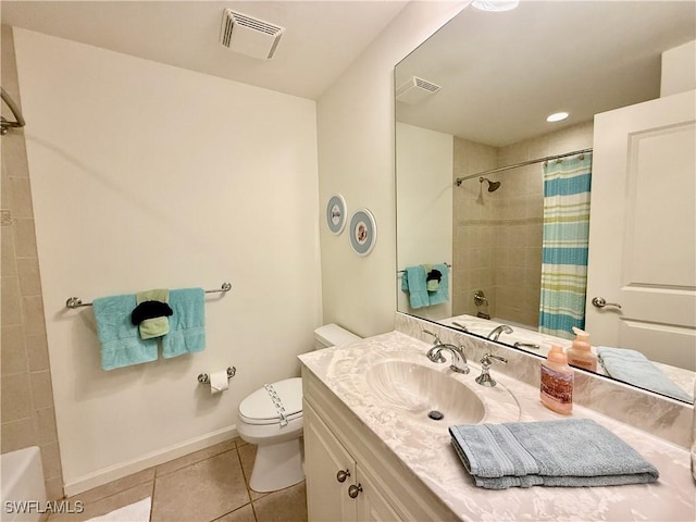 full bathroom with a shower with shower curtain, visible vents, toilet, and tile patterned floors