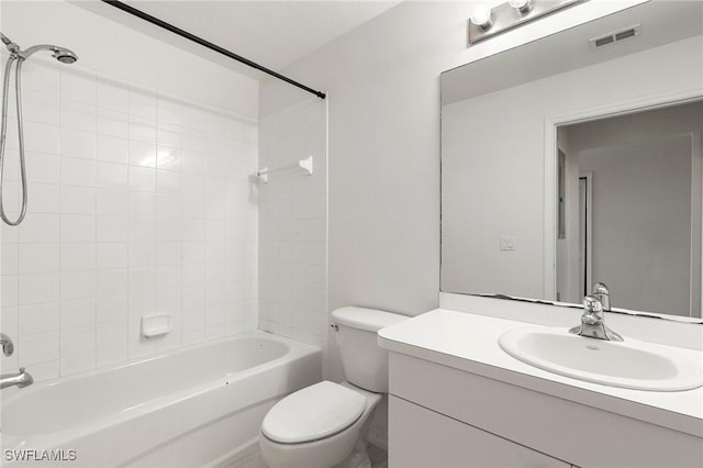 full bath featuring vanity, shower / bathing tub combination, toilet, and visible vents