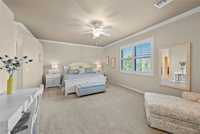 bedroom with visible vents, light carpet, and ornamental molding