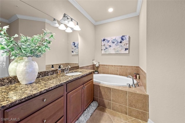 full bathroom featuring vanity, tile patterned floors, a bath, and ornamental molding