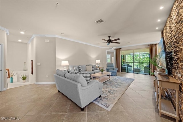 living area featuring visible vents, a ceiling fan, recessed lighting, crown molding, and light tile patterned floors