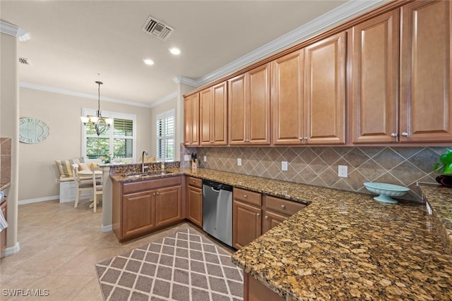 kitchen with visible vents, decorative backsplash, a peninsula, stainless steel dishwasher, and a sink