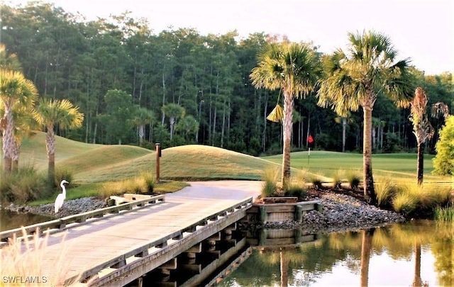 view of home's community with a yard and a water view