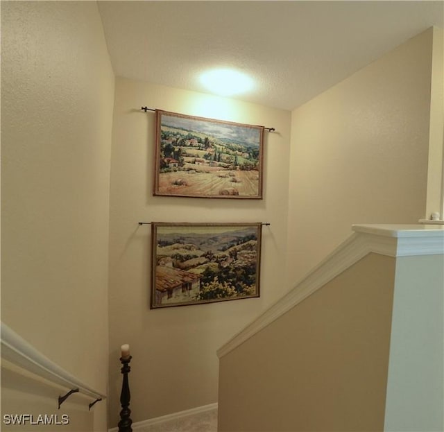 stairway featuring baseboards and carpet