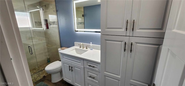 bathroom featuring vanity, a shower stall, and toilet