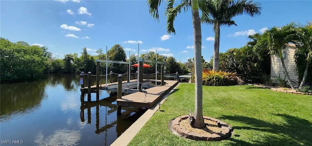 view of dock featuring a water view, boat lift, and a lawn