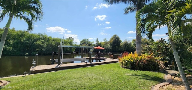 view of dock featuring a water view, boat lift, and a yard