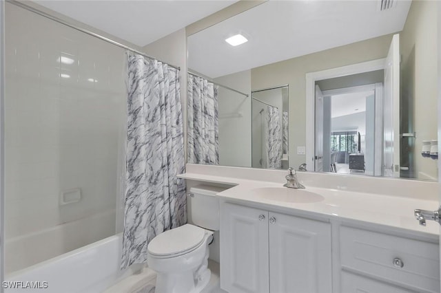 full bathroom with toilet, visible vents, shower / bath combination with curtain, and vanity