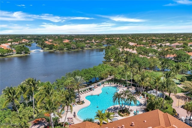 drone / aerial view with a water view