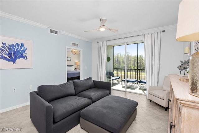 living area featuring light tile patterned floors, visible vents, ornamental molding, and a ceiling fan