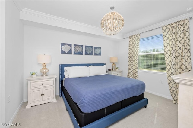 bedroom with light carpet, an inviting chandelier, baseboards, and ornamental molding