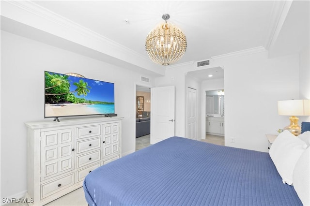 bedroom featuring ornamental molding, visible vents, a chandelier, and ensuite bath