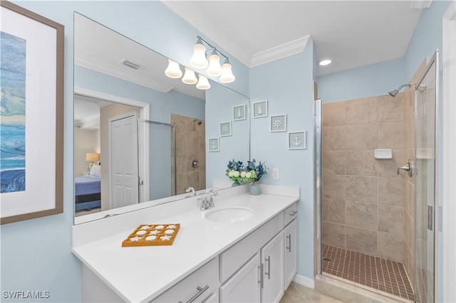 full bath with visible vents, crown molding, connected bathroom, vanity, and a stall shower