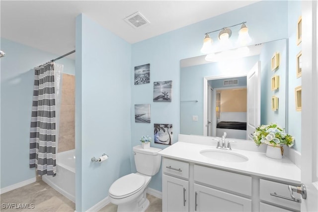 full bathroom featuring toilet, vanity, shower / bath combo with shower curtain, and visible vents