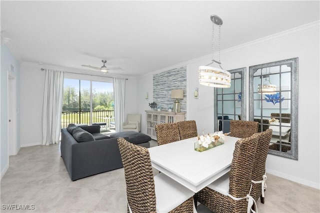 dining space featuring ceiling fan, baseboards, ornamental molding, and light tile patterned floors