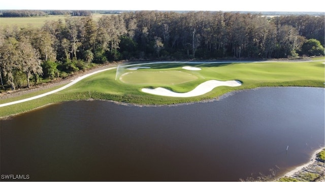 exterior space with a water view, a view of trees, and view of golf course