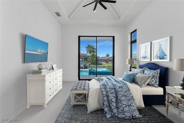 bedroom with baseboards, a ceiling fan, visible vents, and access to exterior